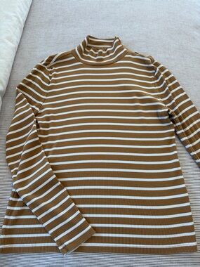 J. Crew Camel and White Striped Ribbed Turtleneck